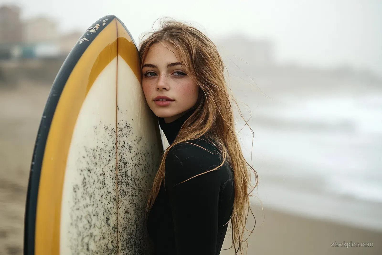 A young woman in a black wetsuit leans on a yellow surfboard on a misty beach near the shoreline.