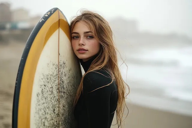 A young woman in a black wetsuit leans on a yellow surfboard on a misty beach near the shoreline.
