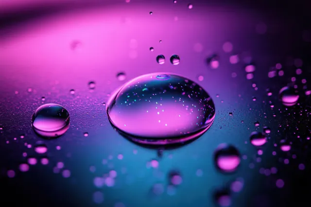 Water droplets and reflections on a glossy surface glow under purple and blue neon light in a macro close-up.
