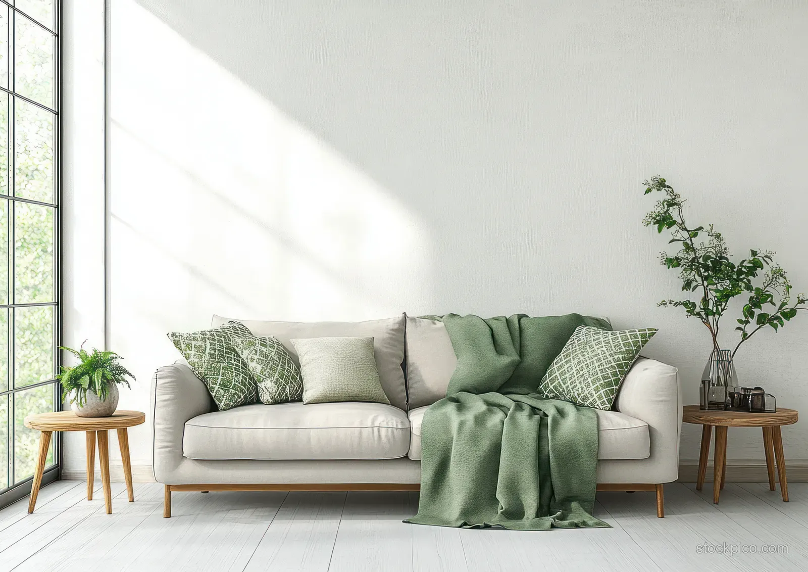 Gray sofa with green pillows and a folded throw blanket in a bright Scandinavian living room with two wooden side tables and potted plants.