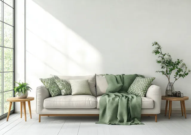 Scandinavian living room with gray sofa green pillows, natural light, wooden side tables