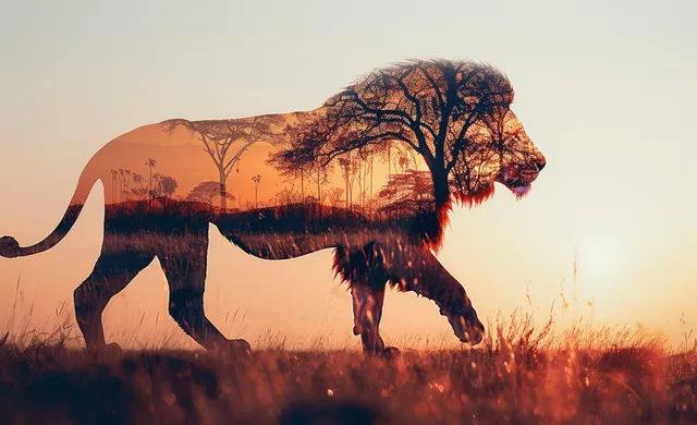 Side-profile lion silhouette with double-exposure savanna scenery and a tree at sunrise.