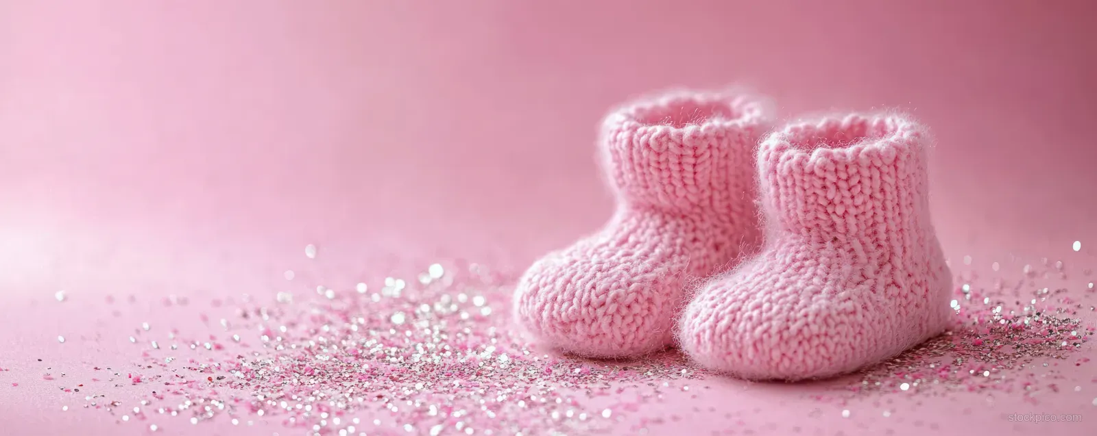 Pink baby booties placed on a soft pink background with small sparkling dots and empty space.