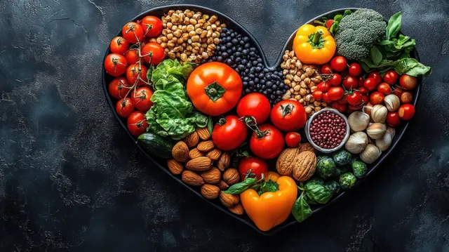 Heart-shaped arrangement of fresh vegetables and nuts on dark textured kitchen table