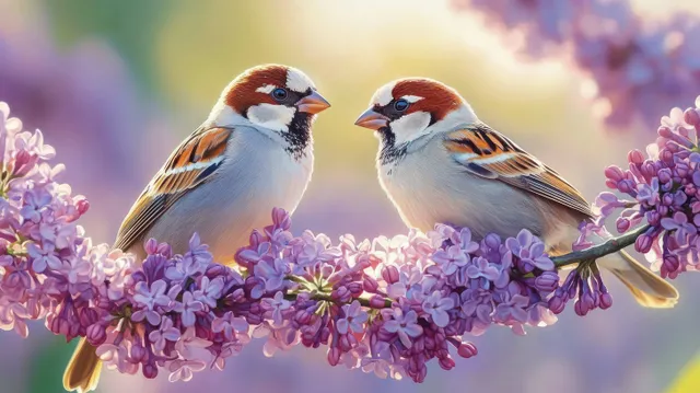 Two sparrows sit close together on a blooming purple lilac branch with soft sunlight and a blurred background.