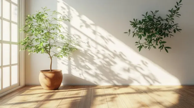Sunlit indoor room with potted tree casting detailed leaf shadows across white walls