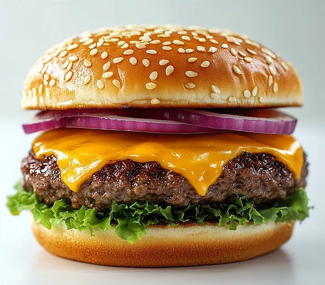 Close-up cheeseburger on white background with sesame bun, cheddar melt, lettuce, onion