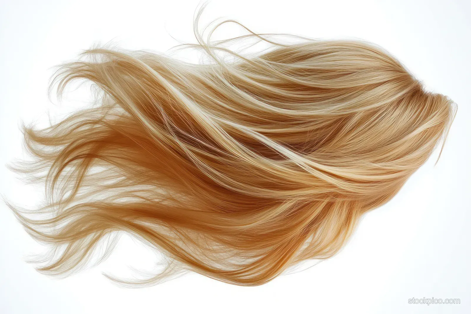 Light brown and blonde hair strands swirling close-up against a white background with soft wavy texture.