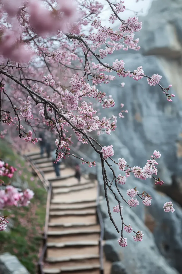 Pink cherry blossom branches hang over wooden steps leading along a rocky hillside trail.
