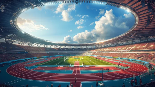 Olympic stadium packed with cheering fans, red running track, and bright blue sky