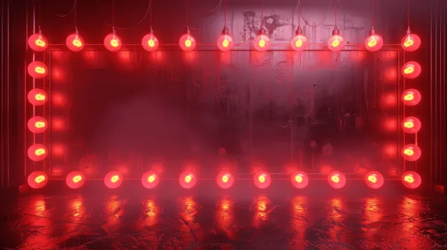 Un borde de bombillas rojas enmarca un panel vacío en un escenario oscuro con niebla y suelo reflectante.