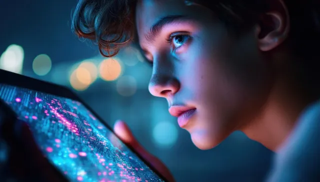A young person concentrates while holding a tablet showing glowing blue and pink data patterns in a dark, blurred room.