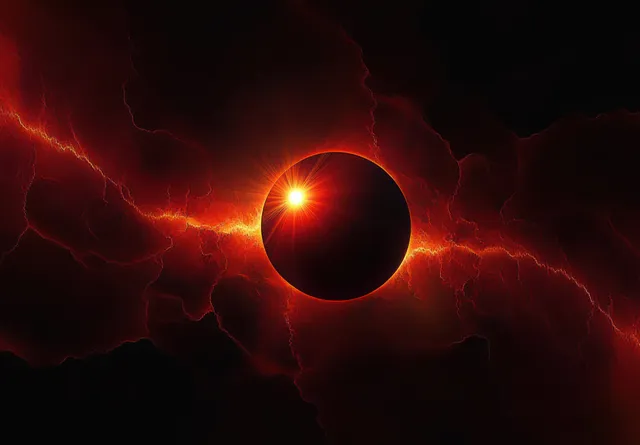 Dark planet eclipses the glowing sun, with fiery plasma arcs and radiant light beams in space