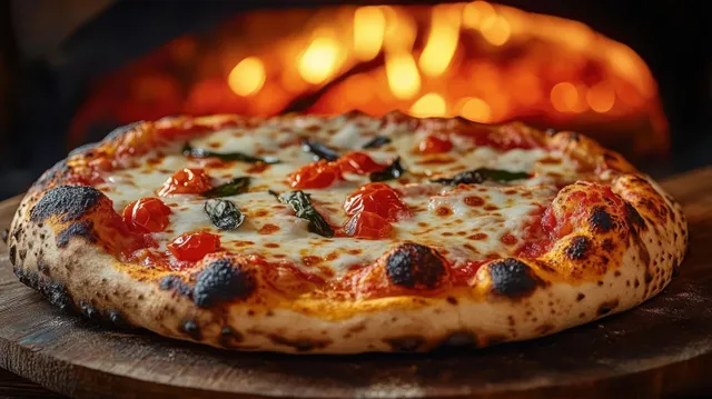 Freshly baked pizza with melted cheese, tomatoes, and basil on a wooden board.