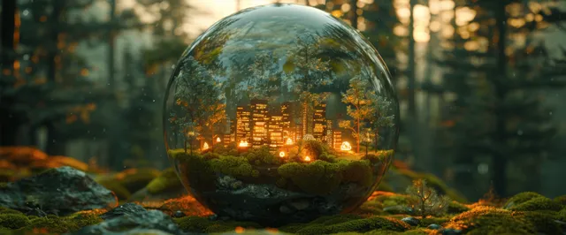 A glowing crystal sphere reflects solar-like energy lights while moss and trees surround it in a forest.