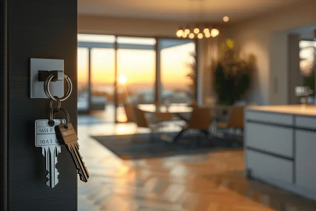 A key ring hangs on an apartment entry door with sunlit windows and an open living room in the background.