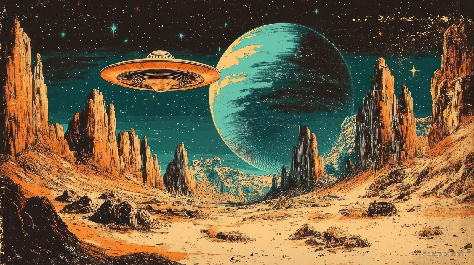 A silver flying saucer hovers over an orange alien desert as a large blue planet and stars fill the night sky.