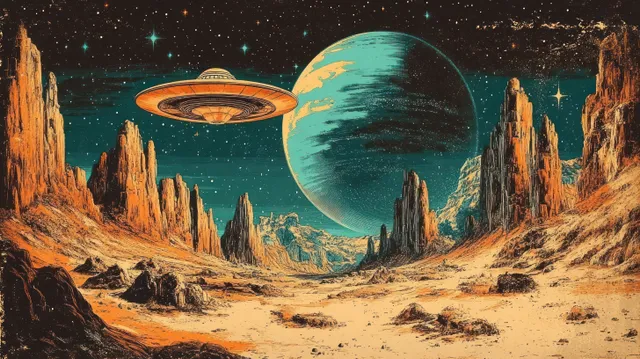 A silver flying saucer hovers over an orange alien desert as a large blue planet and stars fill the night sky.