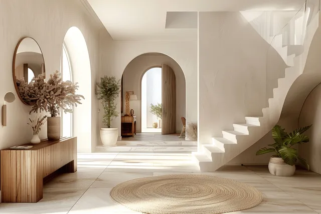 3D rendered white entrance hall with arched doorways, a staircase, console table, mirrors, and potted plants.