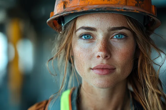 Female engineer wearing hard hat discusses safety procedures with factory workers