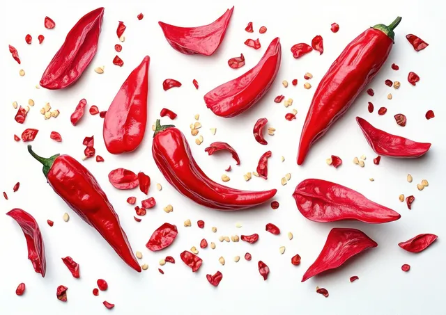 Red chili peppers whole and sliced with scattered seeds on a white background.