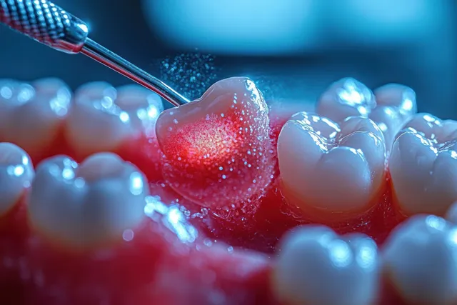 A dental tool applies a clear coating to one tooth on a close-up dental model under bright light.