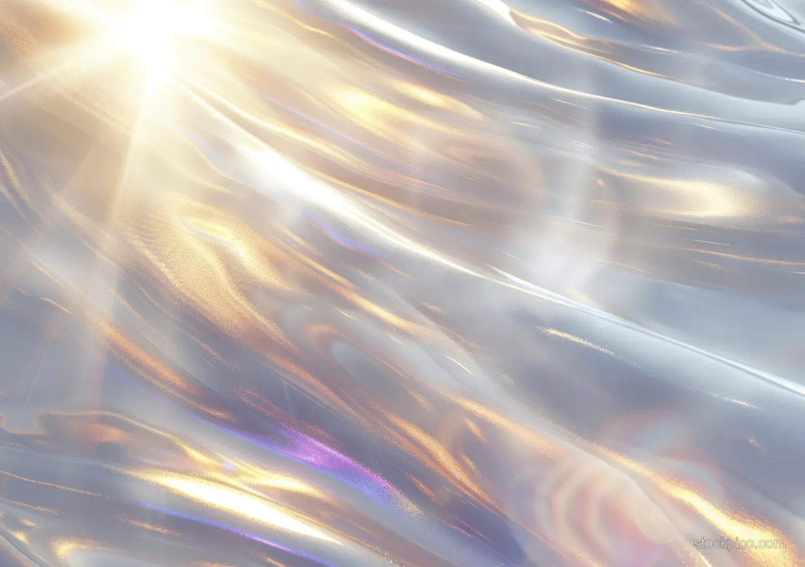 Abstract iridescent light streaks and glossy prism reflections flow across a soft rainbow gradient background.