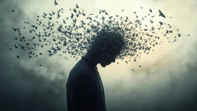 Silhouette head dissolving into a flock of birds flying away through mist