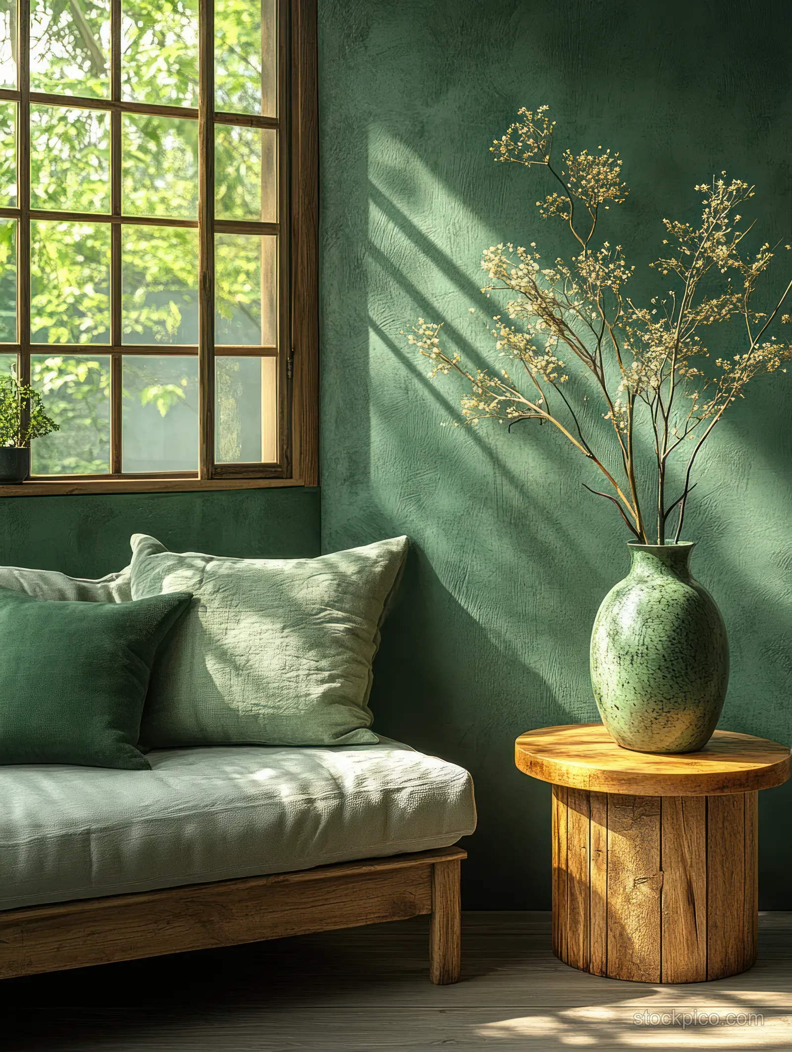 Sunlit minimalist living room corner with a gray sofa, green cushions, and a vase of dried branches on a wooden stool.