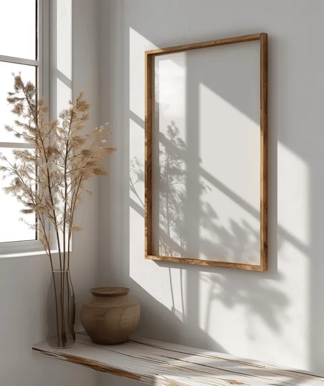 Vertical wooden picture frame mockup on a white wall with crisp window shadow in a bright minimalist interior.