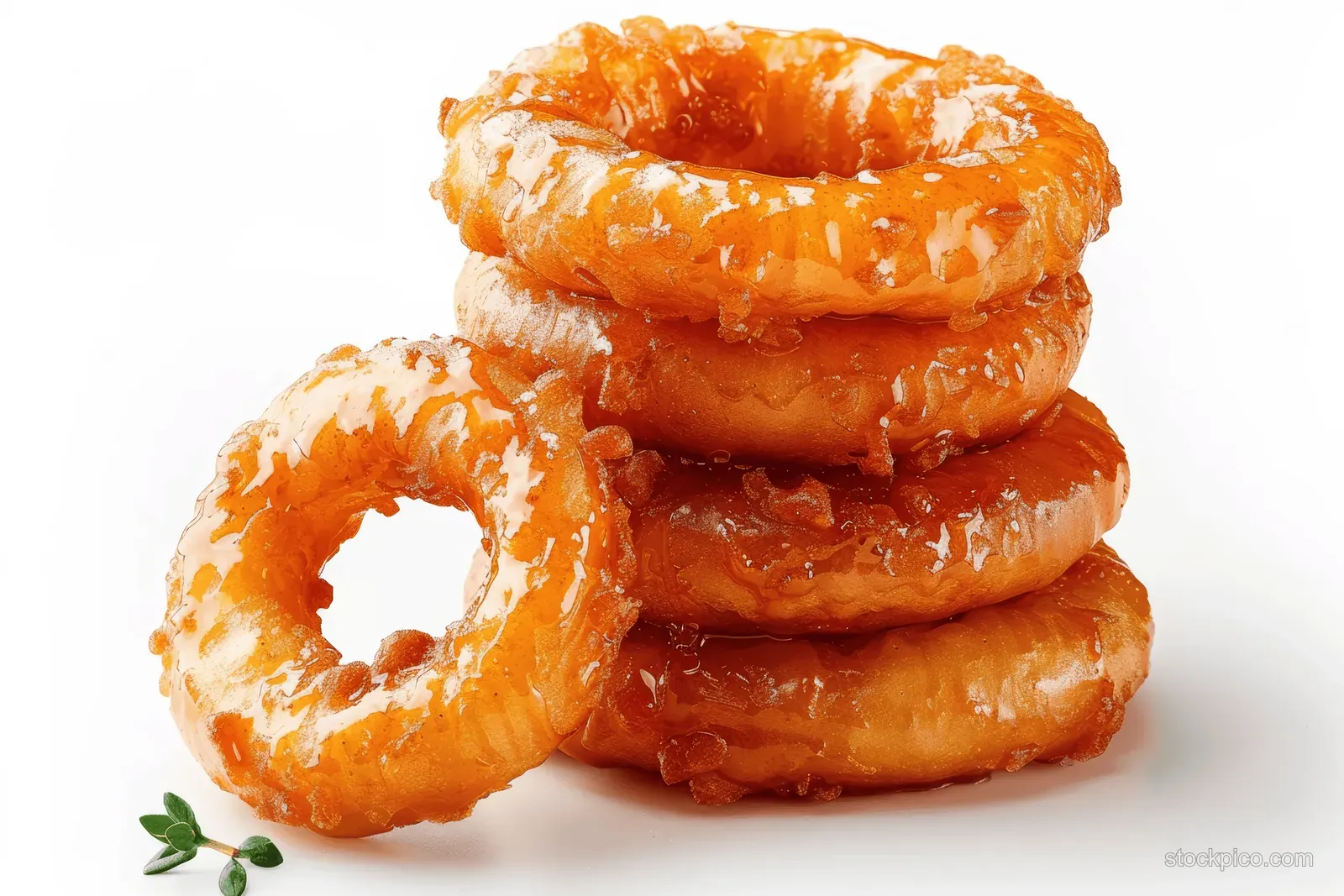 Stack of glazed golden onion rings on a white background.