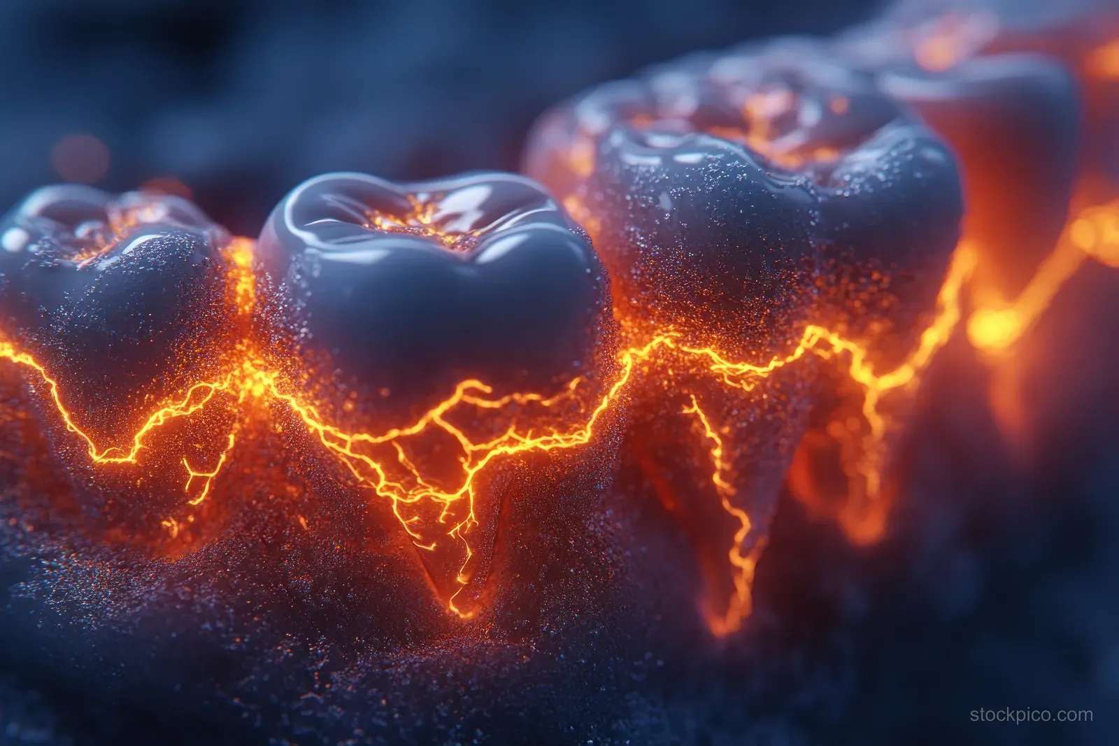 Impacted wisdom tooth model with orange lightning bolts outlining tooth pain inside a dark mouth cavity.