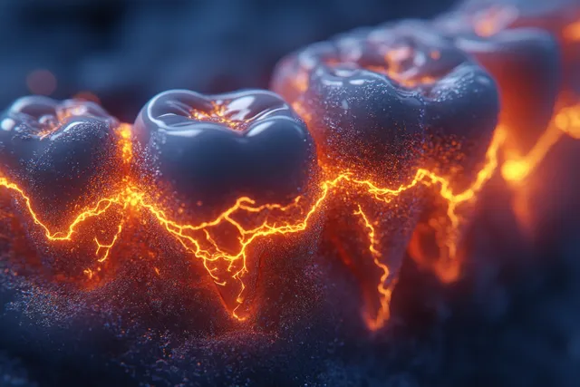 Impacted wisdom tooth model with orange lightning bolts outlining tooth pain inside a dark mouth cavity.