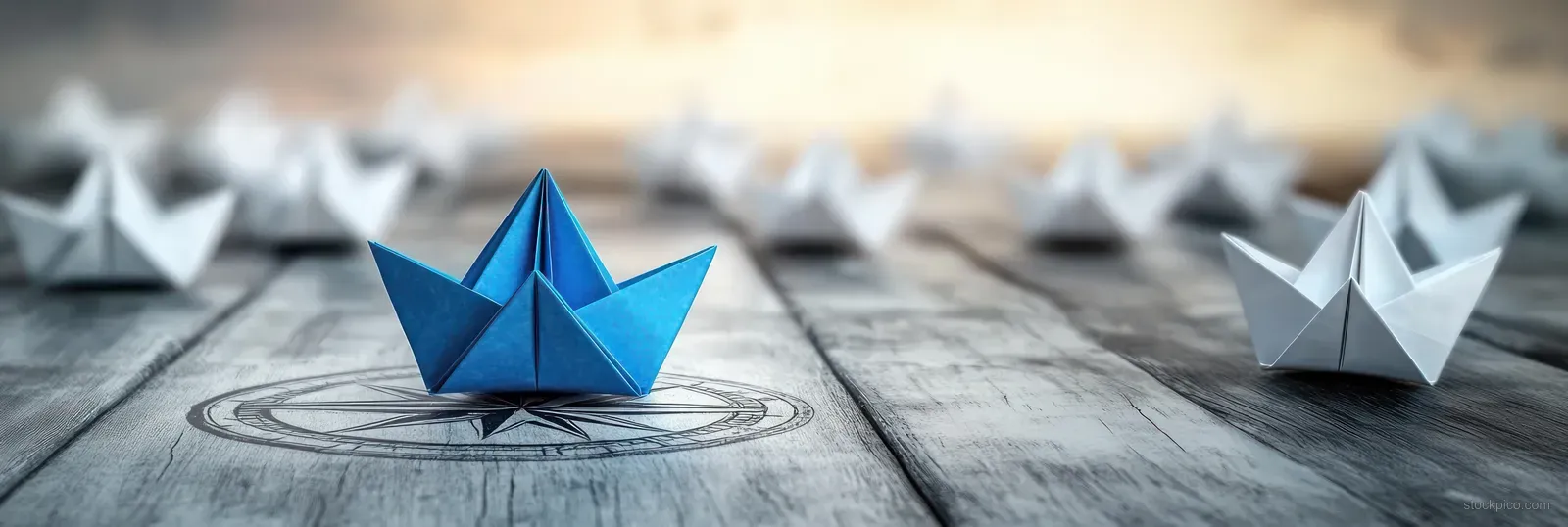 Blue origami boat leads white paper boats on a wooden surface marked with a compass rose.