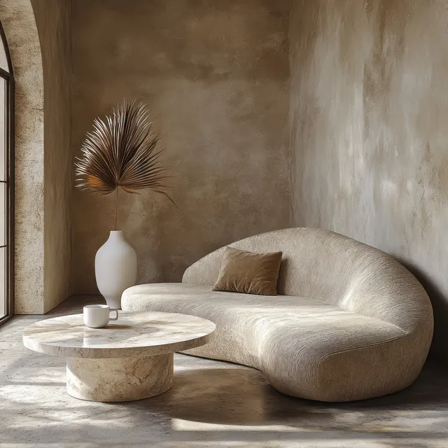 Curved beige sofa and round marble coffee table with a dried palm leaf vase in a warm minimalist living room.