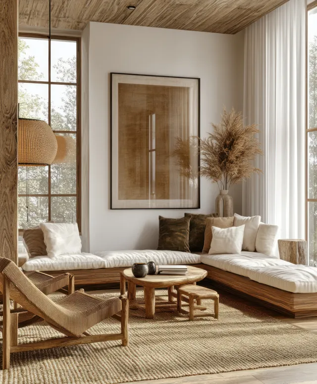 Japanese-inspired dining nook with wooden furniture, woven chairs, and soft natural light.