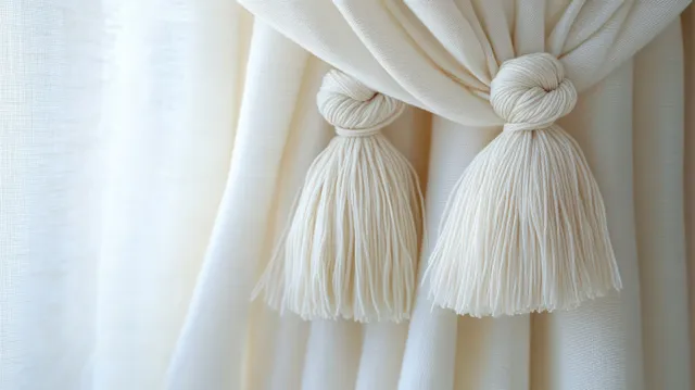 Cream tassel tiebacks on white curtain fabric with soft natural light