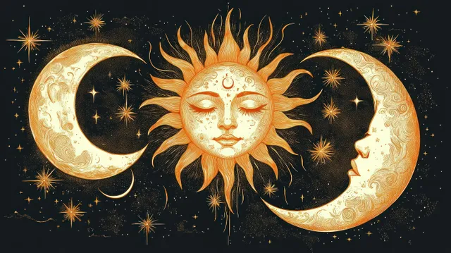 Ornate sun face radiates between two crescent moons while glowing stars scatter across a dark night sky.