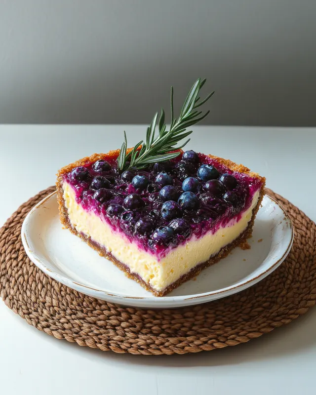 Blueberry cheesecake slice on a white plate with fresh blueberries and a rosemary sprig on a woven placemat.