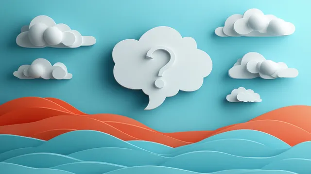 A white speech-bubble cloud with a question mark sits above colorful ocean waves and small surrounding clouds.