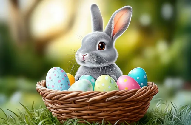 Easter bunny holding a basket of pastel eggs in a sunny garden with soft greenery