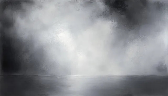 Gray fog and smoky haze drift across a reflective surface under soft diffused light.