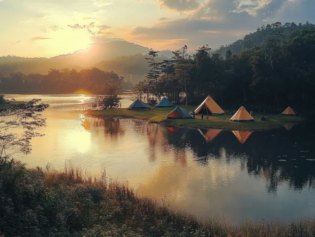 Colorful camping tents by a quiet lake at sunset with their reflections glowing in the still water.
