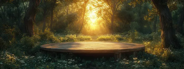 Wooden Stage in Sunlit Forest Clearing with Lush Green Foliage