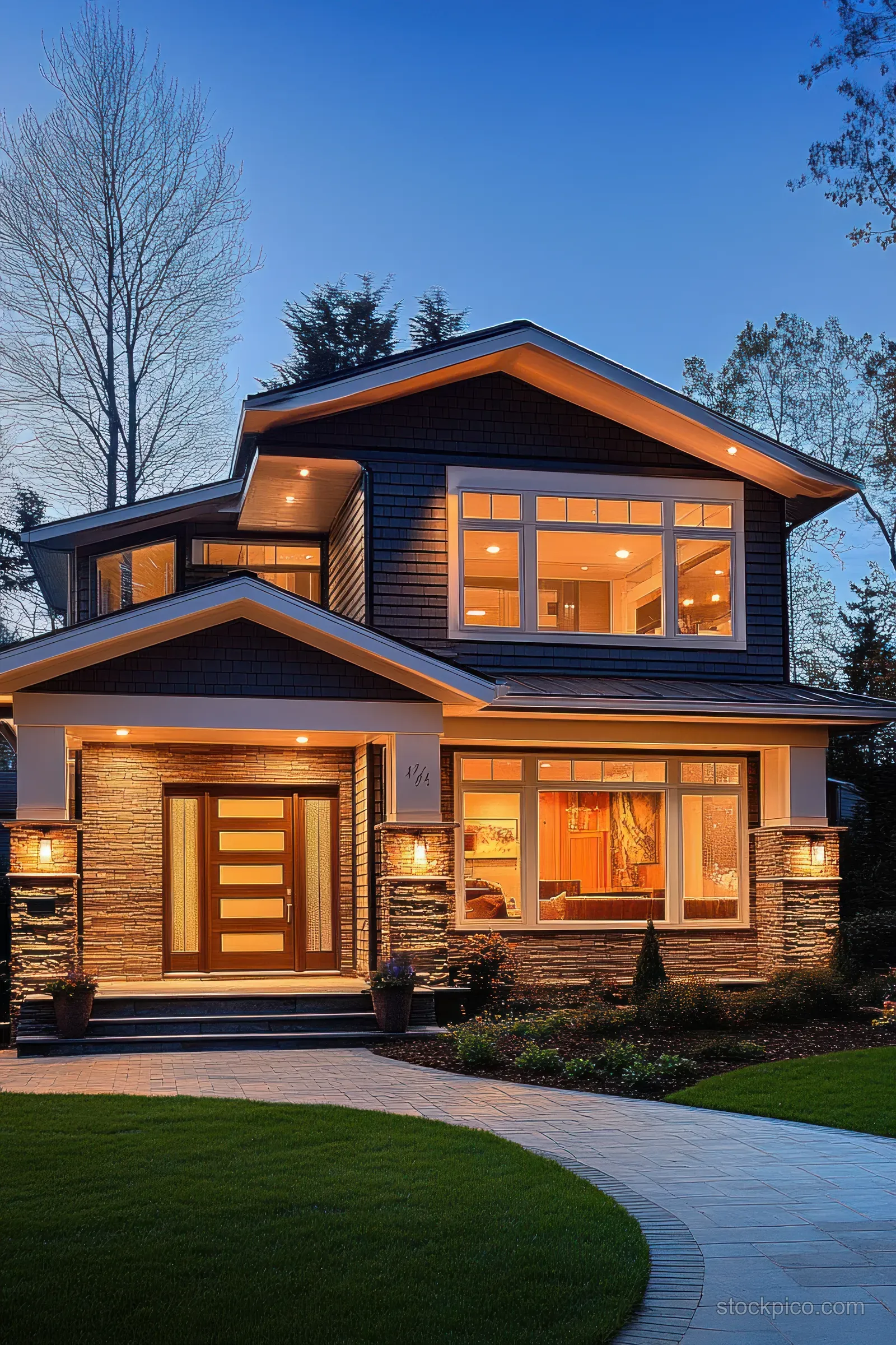 Warm-lit modern house exterior at dusk with glowing windows, porch lights, and a curved driveway.