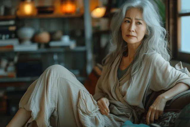 A middle-aged Asian woman rests on a couch at home while holding her sore foot.