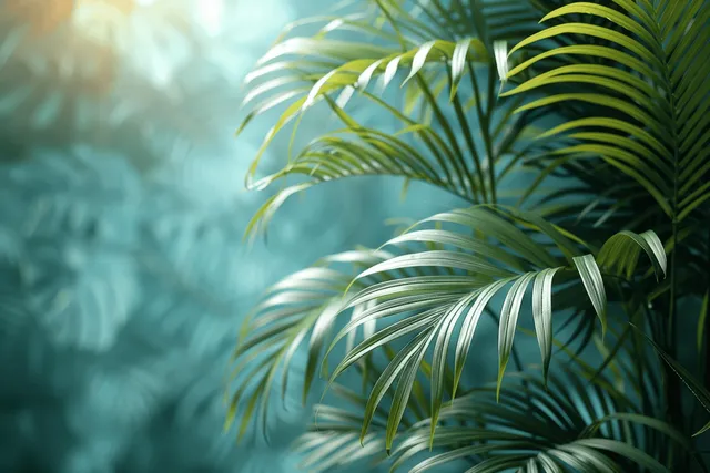 Light green palm fronds against soft pastel blue background with airy copy space