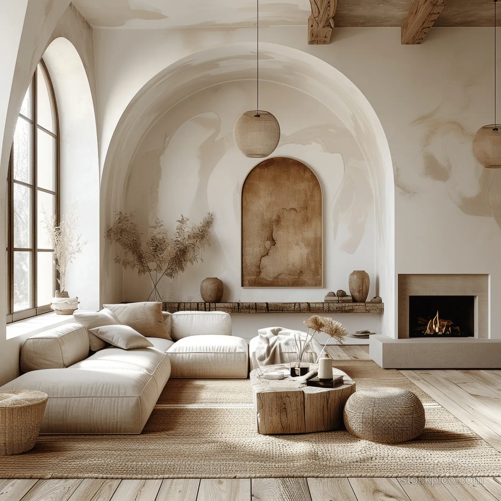 Neutral-toned living room with arched window, cream sofa, and a lit fireplace under curved plaster walls.