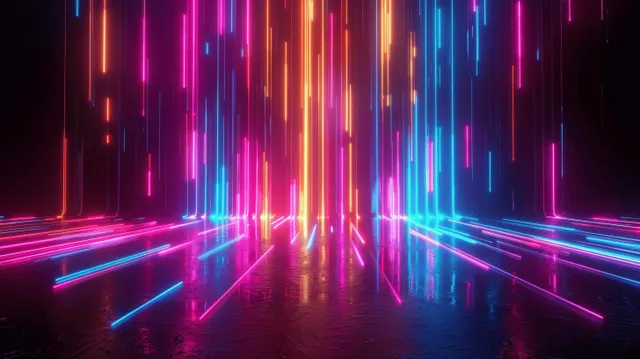 Neon 3D tunnel with glowing blue pink purple red vertical light beams converging on a dark reflective floor.