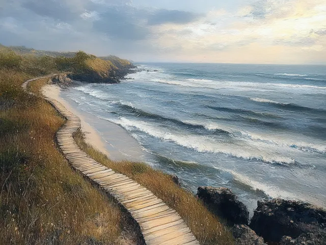 Aerial view of Drini Beach showcasing shoreline curves, ocean waves, and coastal dunes under soft, overcast light.
